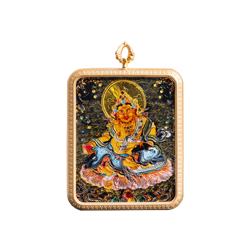Yellow Jambhala wealth deity thangka gau pendant